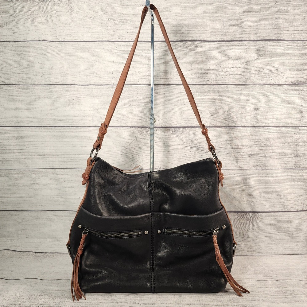 The Sak Ashland Leather Hobo Bag Black Tan Braided Trim Shoulder Bag 1012154
